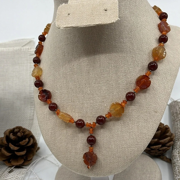 Vintage Amber & Red Jasper Flower Bead Necklace - 925 Silver, Adjustable 16-20" - Picture 3 of 11